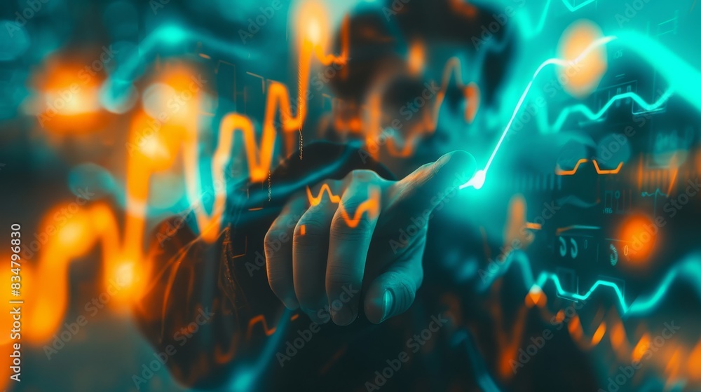 Poster a hand interacts with a glowing digital financial graph, representing data analysis, technology, and