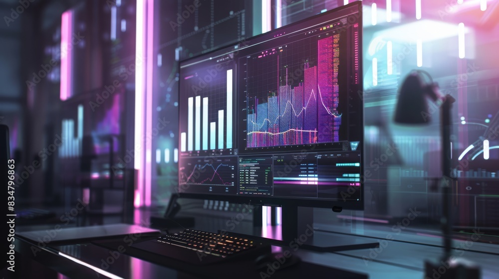 Poster A high-tech workspace featuring multiple monitors displaying financial data and charts, illuminated by vibrant neon lights.
