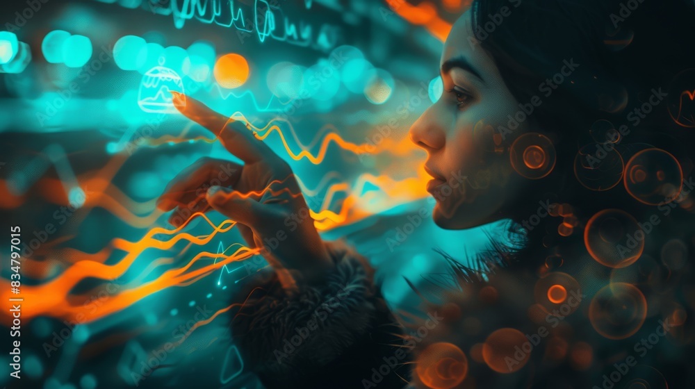 Poster A woman interacts with a futuristic digital interface, featuring glowing data visualizations and graphs, highlighting technology and innovation.
