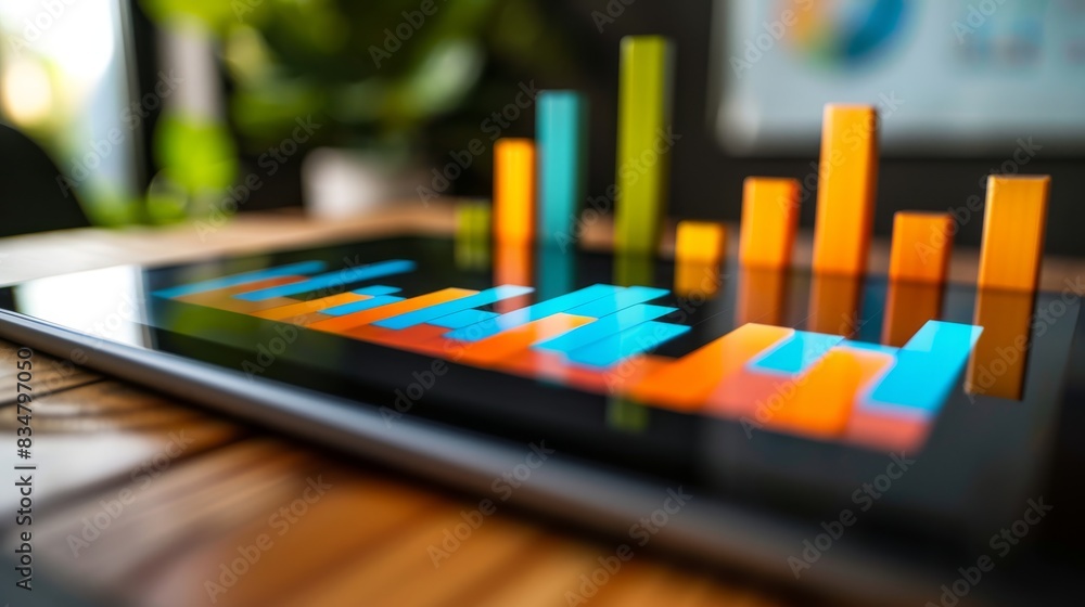 Poster A tablet displaying a vibrant bar graph in an office setting, showcasing data analysis, technology, and business growth.
