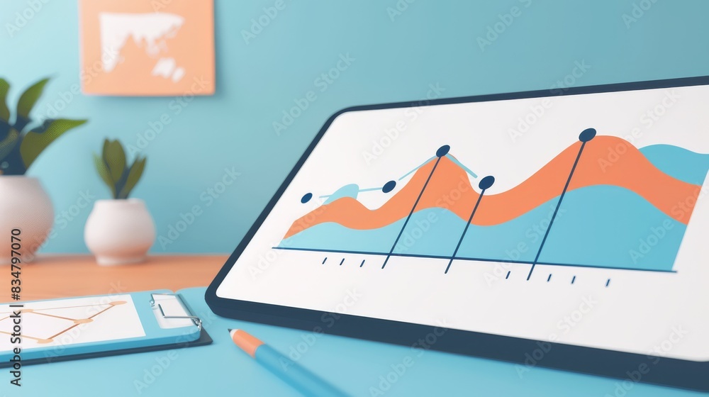 Poster A tablet displaying a colorful data chart in a modern, neatly arranged workspace with plants and office supplies.
