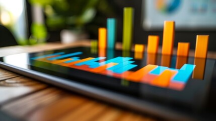 A tablet displaying a vibrant bar graph in an office setting, showcasing data analysis, technology, and business growth.
