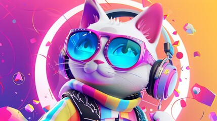 Adorable cat character with sunglasses and headphones in vibrant futuristic setting, digital illustration with colorful and playful elements.