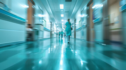 Dynamic hospital corridor with doctor and patient in motion blur.