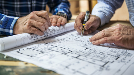 Architects and engineers reviewing blueprints and site plans for upcoming construction project