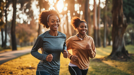 Photo of two smiling young black women friends jogging in the park in the morning, sunlight in the background.