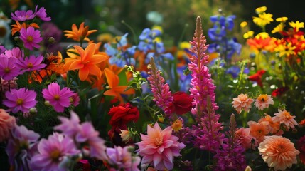 A vibrant garden of blooming flowers in unexpected colors creates a dreamlike, captivating beauty.