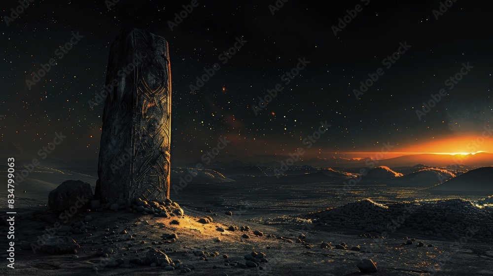 Poster a cover with a dark, starless sky over a desolate landscape, with an ancient rune stone in the foreg