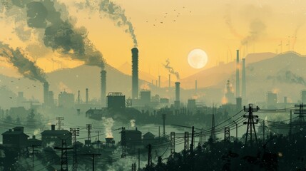 Naklejka premium A painting of a city with smoke and a large moon in the sky