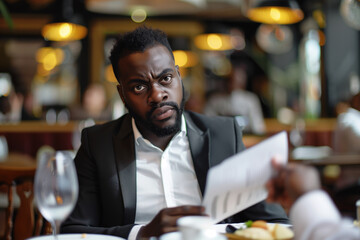Obraz premium Well-Dressed African American Man in Restaurant Reading Bill with Serious Expression.
