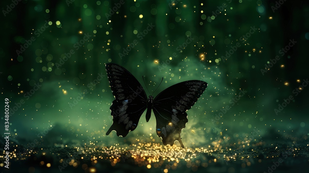 Poster a dark forest green background with a black butterfly in the middle and golden shiny particles softl