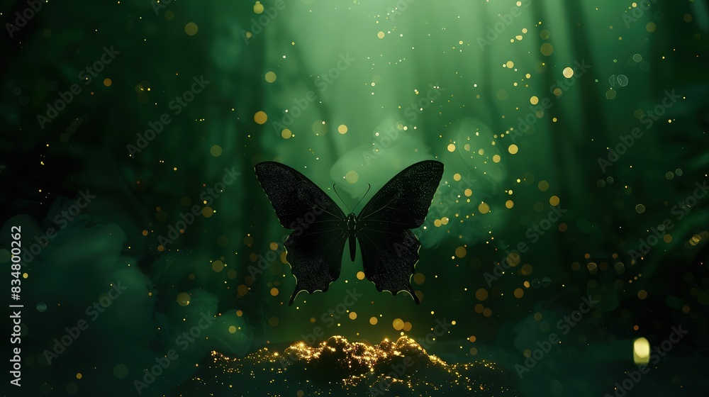 Poster a dark forest green background with a black butterfly in the middle and golden shiny particles softl