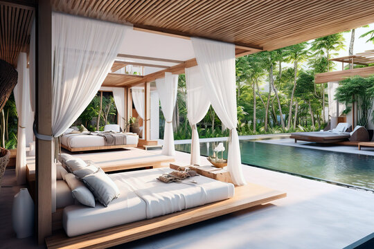 A pool with a couple of lounge chairs bungalow beds