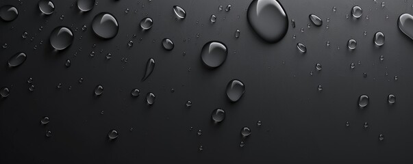 Close-up of water drops on a dark gray surface with scattered patterns