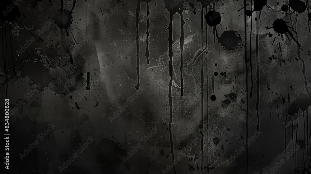 Poster a dark grunge background with deep black and gray tones, splattered with ink spots and streaks, prov
