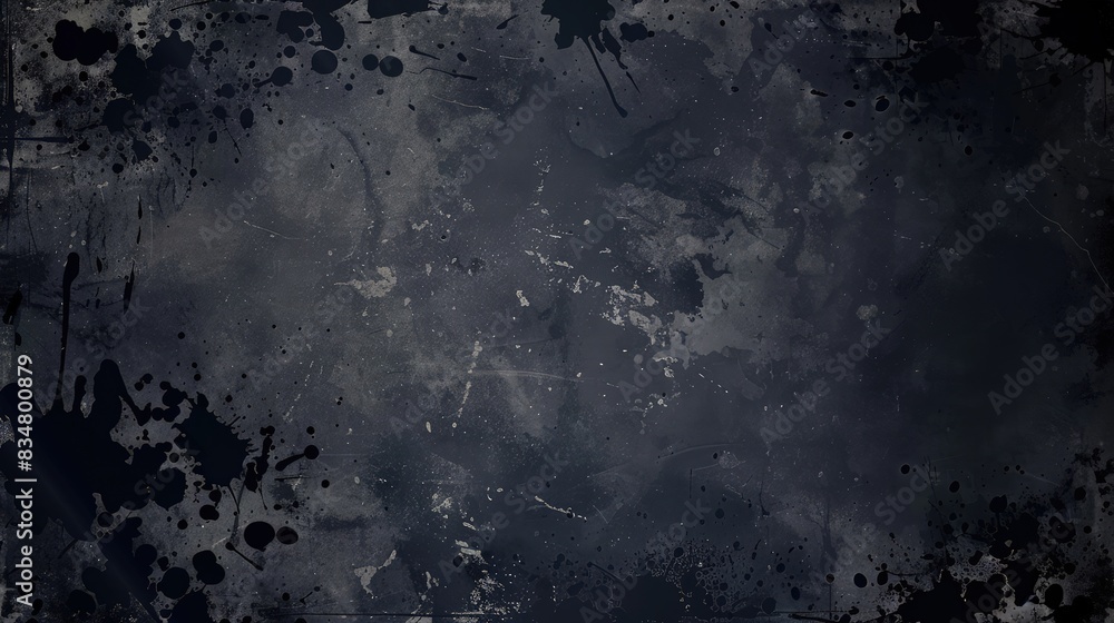 Poster a dark grunge background with deep black and gray tones, splattered with ink spots and streaks, prov