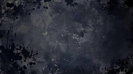 A dark grunge background with deep black and gray tones, splattered with ink spots and streaks, providing ample space for text or image, suited for creating bold grunge design projects.