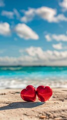 Fototapeta premium Small fresh Valentine's Day background, seaside, blank space, space for copying text, White Valentine's Day, wedding, proposal scene, wedding decoration, love, anniversary, festival background, New Ye