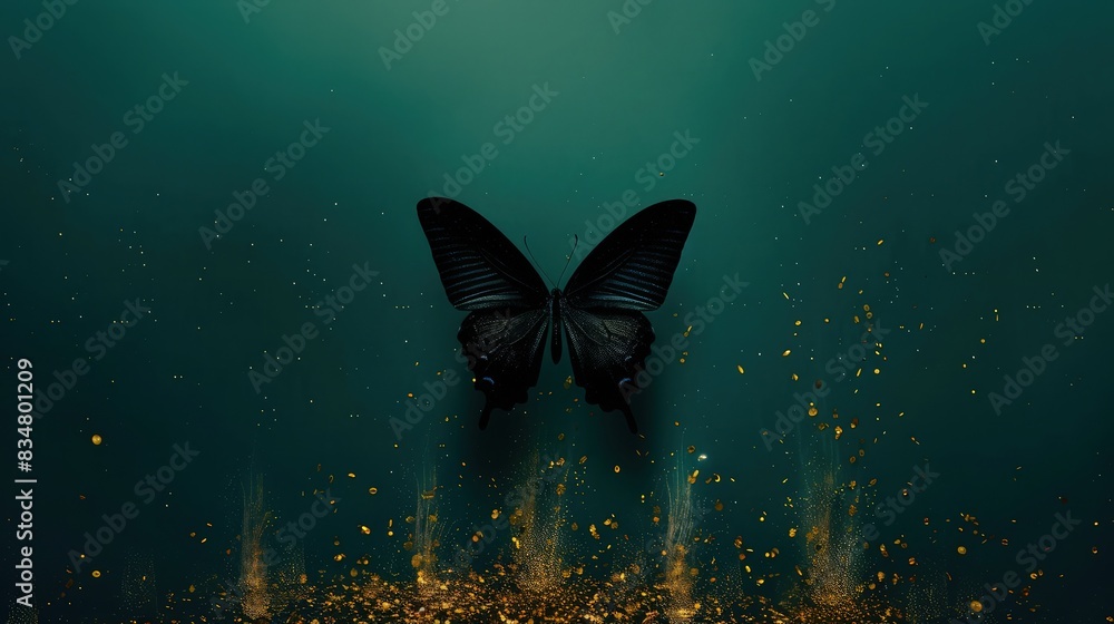 Poster a dark teal background, featuring a stark black butterfly in the middle with golden particles arraye