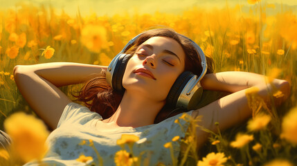 A beautiful girl in headphones lies on the grass among flowers, resting her head in her hands, peaceful, listening to music, close-up portrait