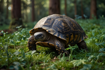 Obraz premium a tortoise walking through the forest with the sun shining on its back Sunset Showdown Tortoise