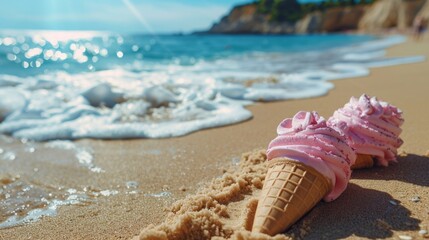 Fototapeta premium Enjoying Gelato on a Sunny Beach Date - Unwinding with Flip-Flops Off by the Seashore