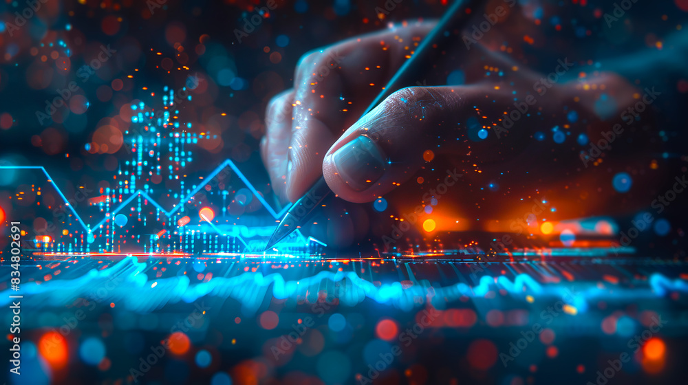 Poster hand interacting with futuristic interface, digital concept on a bokeh light background, creative te