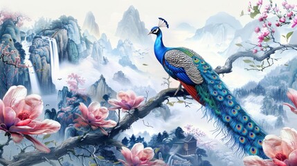 3D peacock sitting on a magnolia tree branch wallpaper