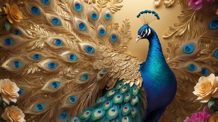 3d mural peacock illustration background with golden jewelry and flowers