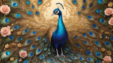 3d mural peacock illustration background with golden jewelry and flowers
