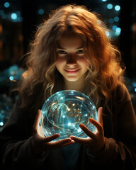 Naklejka premium A beautiful girl with lush hair holds a magical glowing ball in her hands