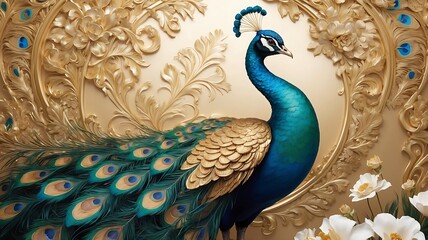 3d mural peacock illustration background with golden jewelry and flowers