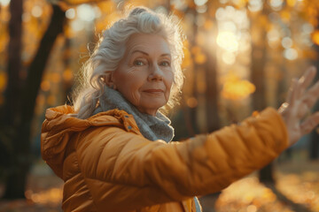 Senior woman practicing breathing exercises in a fall park. Caucasian elderly woman exercising outdoors