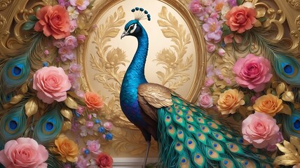 3d mural peacock illustration background with golden jewelry and flowers