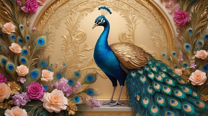 3d mural peacock illustration background with golden jewelry and flowers