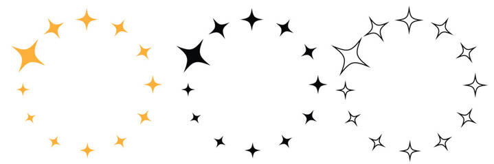 Star in circle icon set. Frame from stars isolated on white background. Abstract decorative pattern. Circle with black  and yellowstar icon. Vector Illustration .