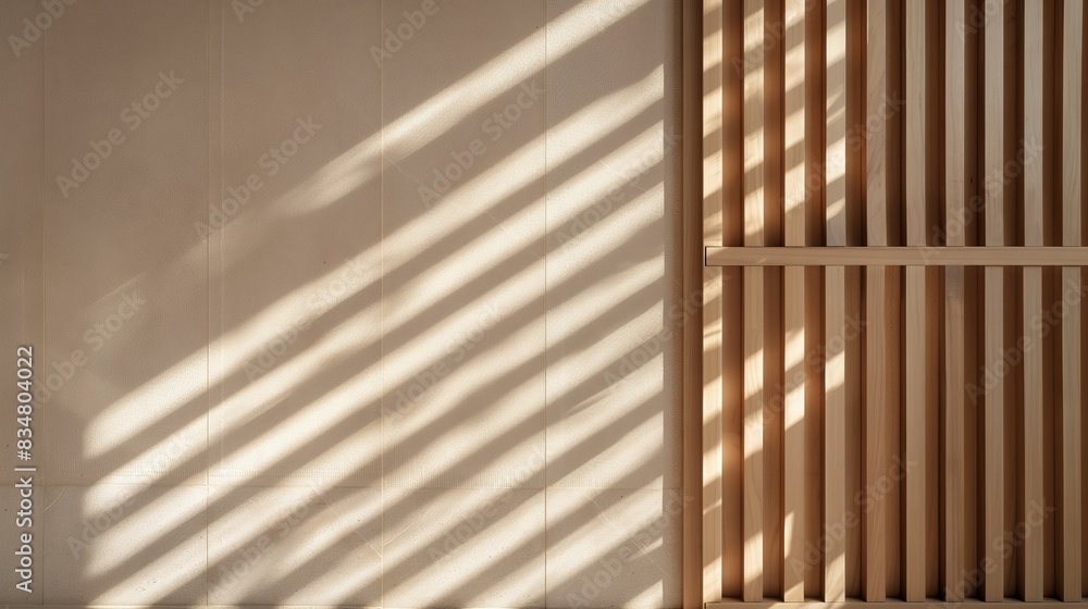 Poster visual of 25mm wooden slats for a minimalist partition, creating dynamic light and shadow effects.