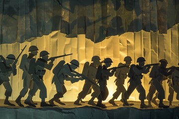 Paper Soldiers Marching in Dramatic Lighting.