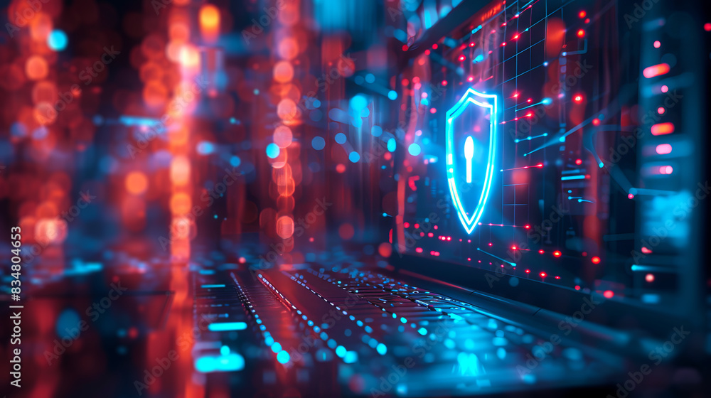 Poster Cybersecurity concept with a glowing shield icon on a keyboard, digital illustration on a dark, bokeh light background. Generative AI