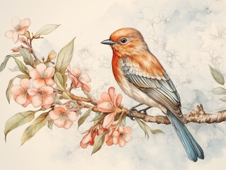 spring song bird with birdbox and flower blossoming vintage classic watercolor style illustration artwork  isolated on white background