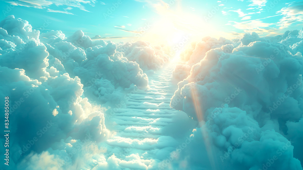 Poster a serene scene of sunlight piercing through a vibrant cloudscape, on a clear sky background, evoking