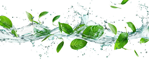 Fresh green leaves splashing with water, cut out