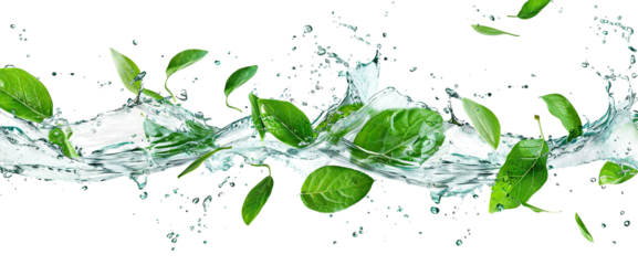 Fresh green leaves splashing with water, cut out