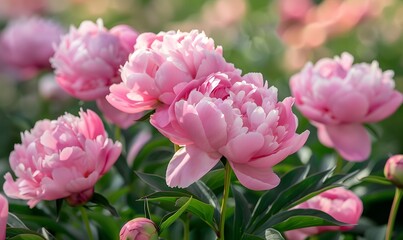 Obraz premium Pink peony flower blossoms in the garden , Generative AI 