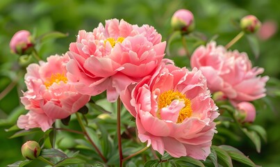 Obraz premium Pink peony flower blossoms in the garden , Generative AI 