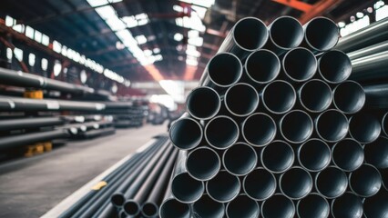 Industrial Precision: Close-up of a stack of steel pipes in a warehouse, highlighted by a realistic depiction of light and shiny effects against a blurry background.