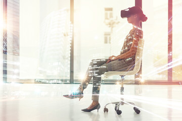 Augmented reality, businesswoman and building with overlay for VR, technology and 3d in workplace....