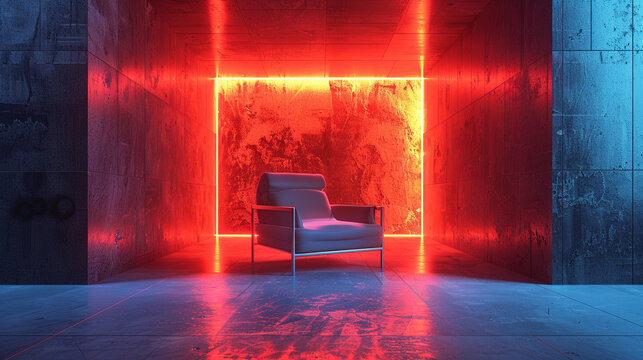 Modern minimalistic room with a sleek armchair and futuristic decor, Cyberpunk, Neon lights, Digital rendering