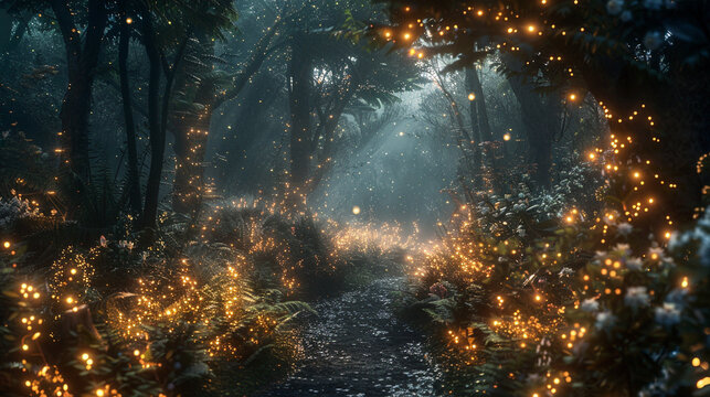 Magical forest with glowing herbal plants, creating an enchanting scene, Fantasy, Dark tones, High detail