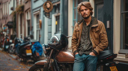 A young, fashionably dressed man leans casually against a vintage motorcycle on an urban cobblestone street - Powered by Adobe